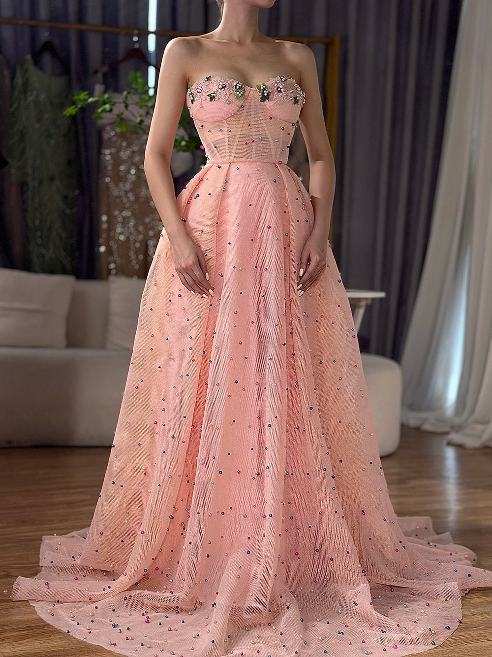 Sleeveless Illusion Tulle Evening Dresses Colored Flowers Pearls Fashion Beach LA6490