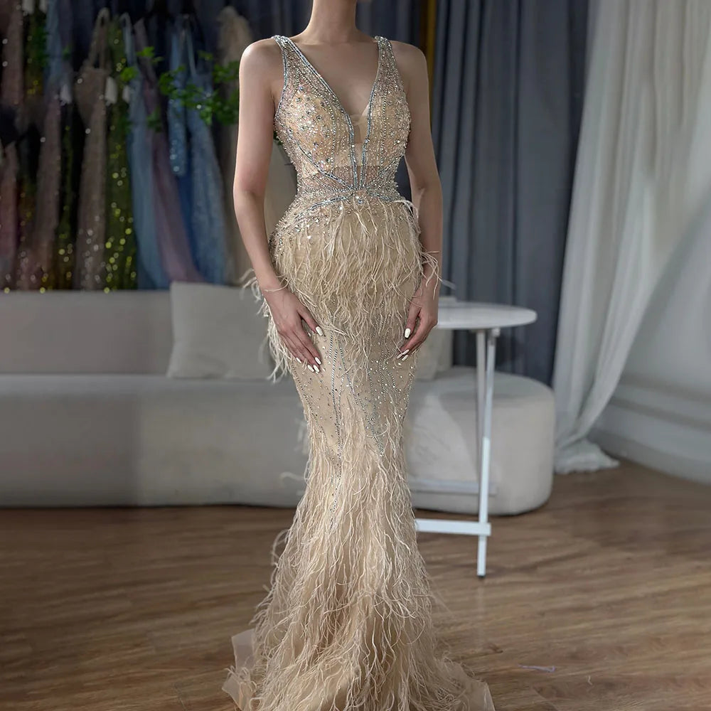 Vestido de noche elegante estilo sirena azul árabe con capa, lujoso, con cuentas y plumas, estilo Dubái, para mujer, ideal para fiestas (LA71583B). 
