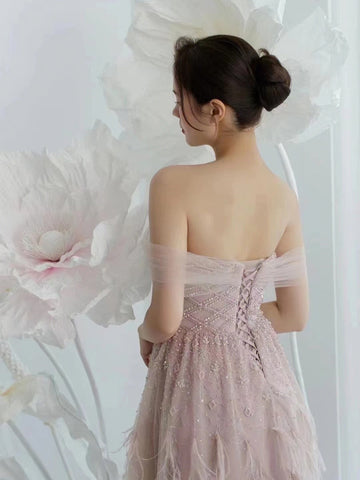 Vestidos de noche sexys con cuentas y plumas rosas, corte A, de lujo, para mujer, fiesta, LA71874 