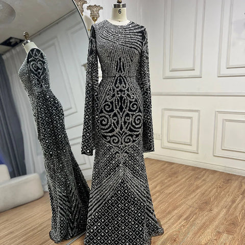 2025 Flared Sleeves Caramel Beaded Luxury Saudi Arabic Mermaid Evening Dresses Gowns for Formal Occasion LA72771