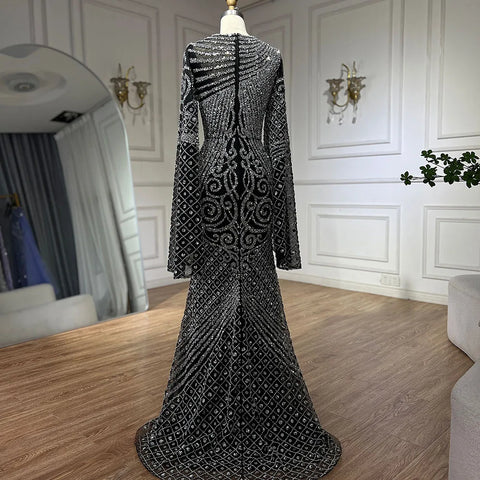 2025 Flared Sleeves Caramel Beaded Luxury Saudi Arabic Mermaid Evening Dresses Gowns for Formal Occasion LA72771