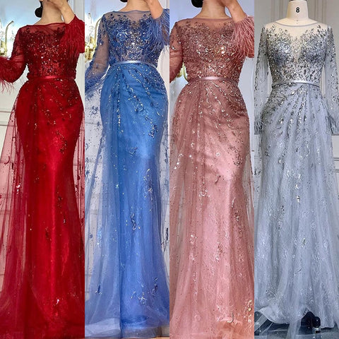 Evening Dress Long  Wine Red  Mermaid Dress  Beaded Feathers With Cloak Party Gown Women Party  LA70827