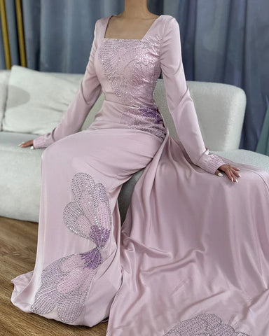 Vestido de noche de lujo estilo sirena rosa árabe, elegante, con cuentas, de satén, para mujer, ideal para fiestas, estilo Dubái, modelo LA72001A 