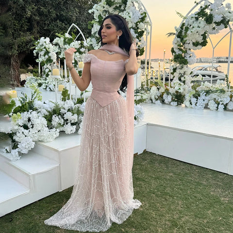 Robe de soirée trapèze à épaules dénudées et perles avec corset LA72922 