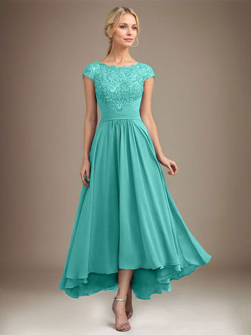 A-line Scoop Illusion Asymmetrical Lace Chiffon Mother of the Bride Dress With Pleated