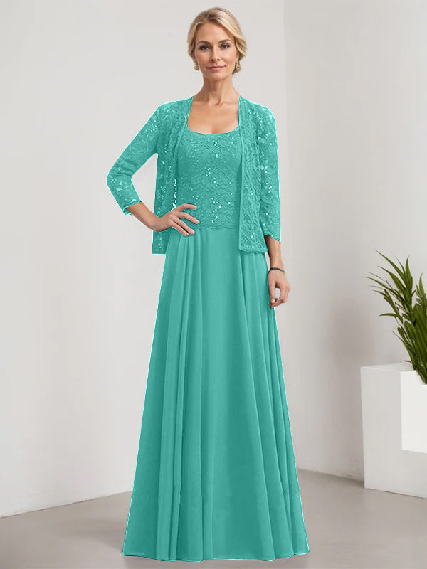 Vestido de corte A, cuadrado, largo hasta el suelo, de encaje y gasa con lentejuelas para la madre de la novia 