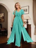 Combinaison-pantalon robe de soirée longue en mousseline à col en V
