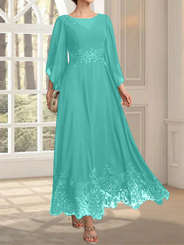A-line Scoop Illusion Ankle-Length Lace Chiffon Mother of the Bride Dress With Sequins
