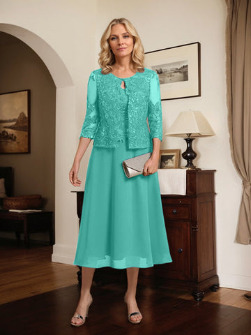 Vestido de novia de corte línea A, escote redondo, largo hasta la rodilla, de encaje y gasa con lentejuelas. 