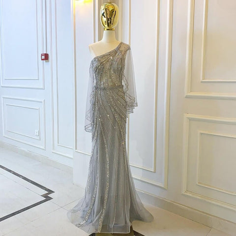 Vestidos de noche de lujo grises de un solo hombro, estilo sirena, con cuentas, elegantes para mujer, para fiestas, LA71518 