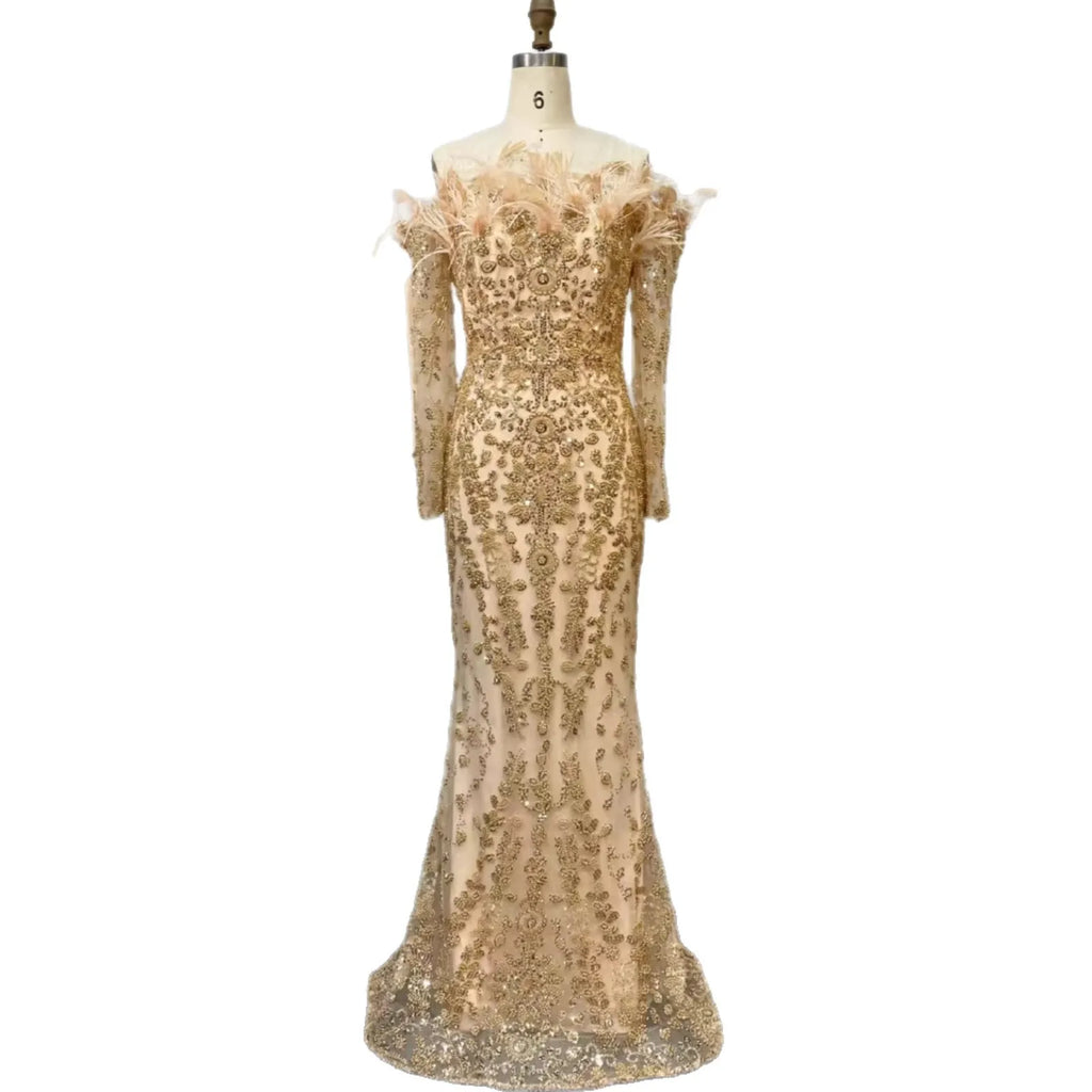 Luxury Dubai Green Long Sleeves Feathers Beaded Evening Dress LA72553