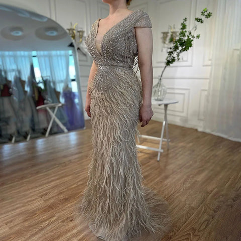 Vestido de noche de sirena marrón, elegante y lujoso, con cuentas y plumas LA70801 