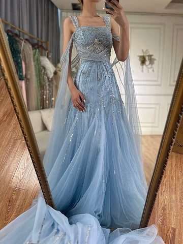 Robe de soirée trapèze rose à bretelles spaghetti et perles, avec manches cape, pour une occasion formelle, LA72726 