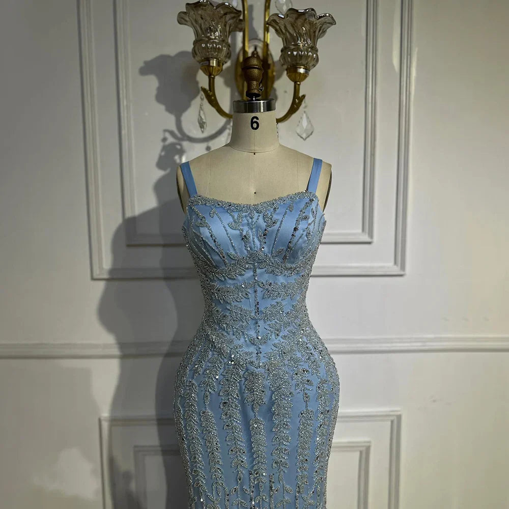 Vestido de noche de sirena azul árabe con tirantes finos, lujoso vestido de noche saudí con cuentas para ocasiones formales LA72725 