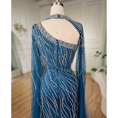 Black Mermaid Elegant Cape Sleeves Beaded Luxury Evening Dresses Gowns For Women Arabic Party 2025 LA72112