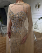 Vestido de noche color nude estilo sirena, con mangas de capa desmontables, estilo saudí, ideal para ocasiones formales (LA72716) 