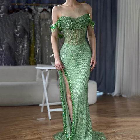 Vestido de noche árabe verde con borlas de cristal, estilo saudí, con abertura alta, ideal para fiestas de bodas y eventos especiales (2025) LA72490 