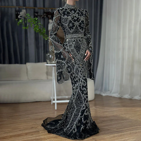 Muslim Grey Mermaid Elegant Nude Cape Sleeve Beaded Luxury Dubai Long Evening Dress 2025 Women's Party LA72316