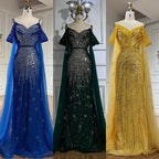 Vestido de noche de lujo estilo sirena azul con tirantes finos y mangas tipo capa, ideal para ocasiones formales (modelo 2025). Fabricado en Arabia Saudita (LA72707). 