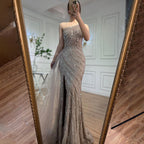 Seductive High Split Beaded Mermaid Evening Gown with One-Shoulder With Overskirt in Caramel Color for Women Party LA71371A