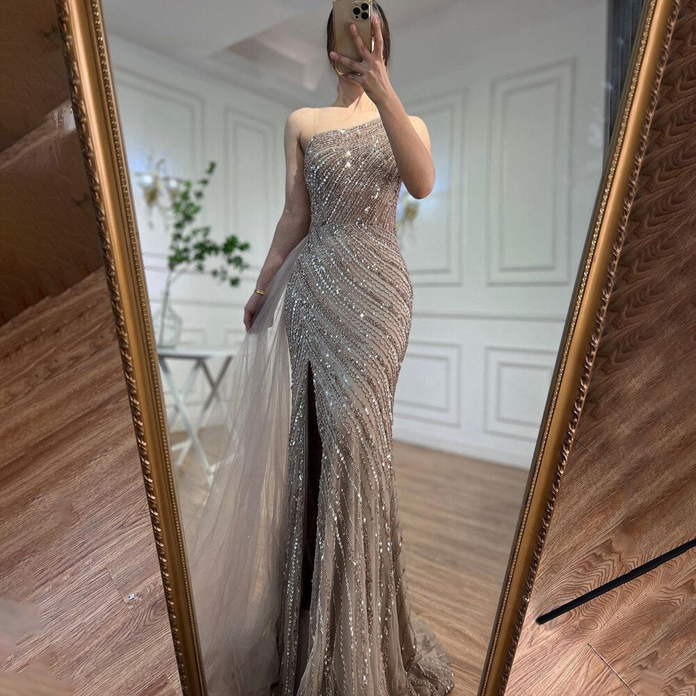 Seductive High Split Beaded Mermaid Evening Gown with One-Shoulder With Overskirt in Caramel Color for Women Party LA71371A