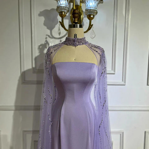 Lilac Strapless Evening Dress with Beaded Long Cape Gown LA72828