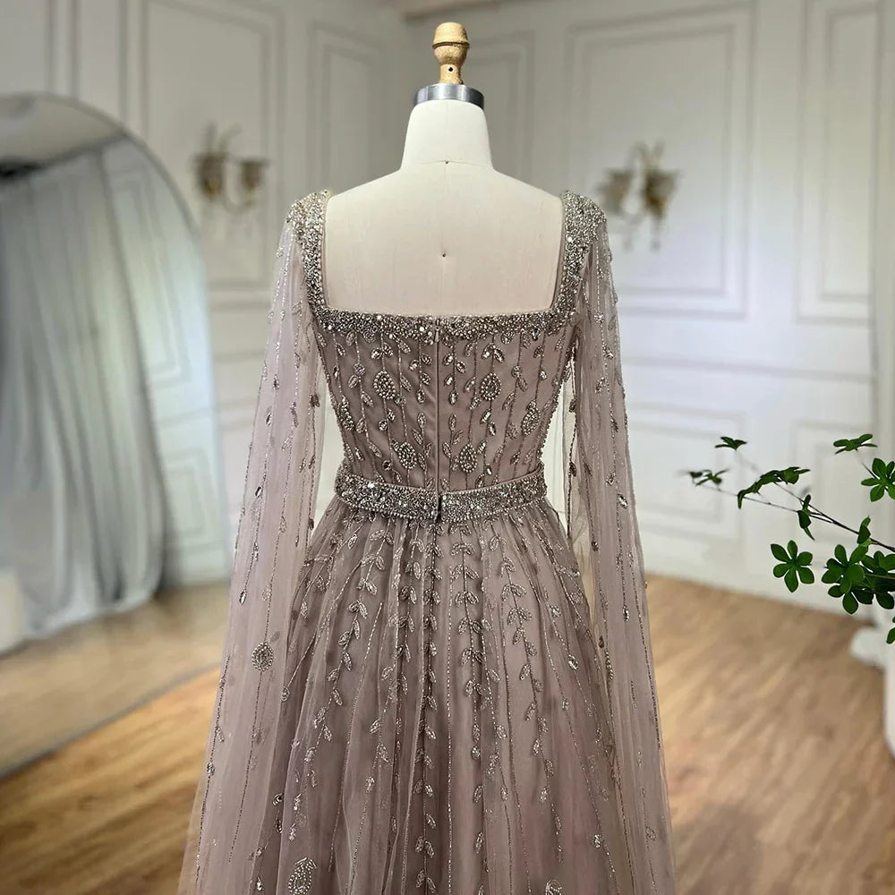 Muslim Caramel Beaded A-Line Luxury Evening Dress Gown with Cape Sleeves LA71803A