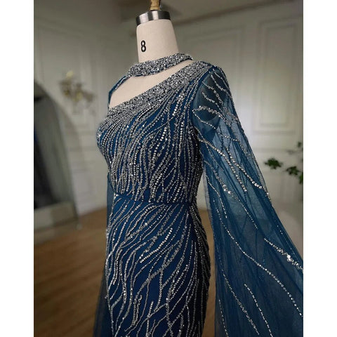 Black Mermaid Elegant Cape Sleeves Beaded Luxury Evening Dresses Gowns For Women Arabic Party 2025 LA72112