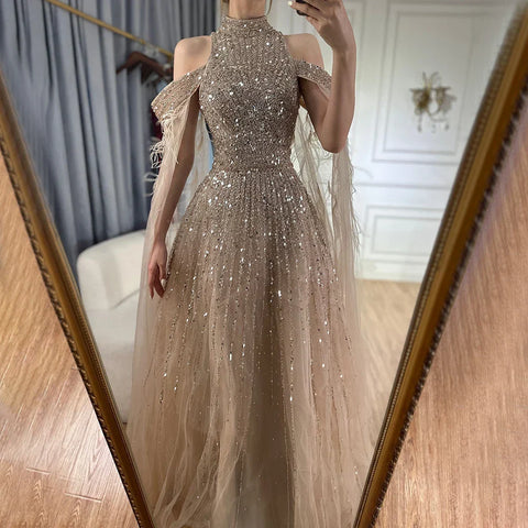 Robe de soirée longue style arabe turquoise, manches cape, coupe trapèze, perles et plumes, pour femme, tenue de mariage, LA72644 