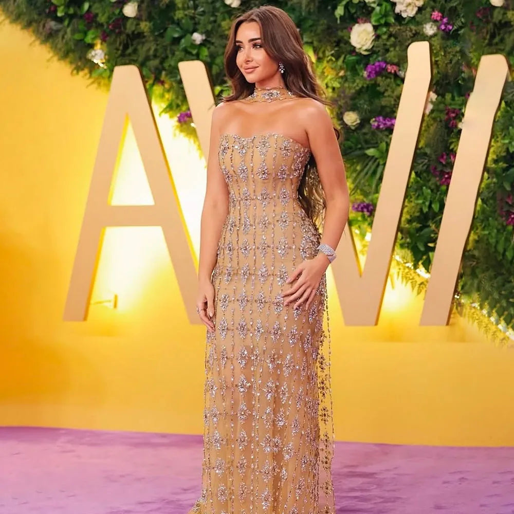 Vestido de noche corte A sin tirantes con cuentas color nude, modelo 2025, para ocasiones especiales (Arabia Saudita LA72871) 