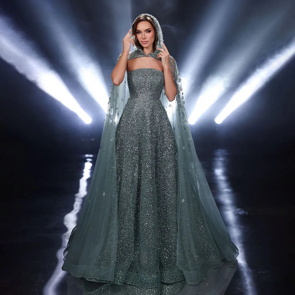 Vestido de noche turquesa saudí 2025 con vestido de cuentas y elegante capa con capucha para ocasiones formales LA72659A 