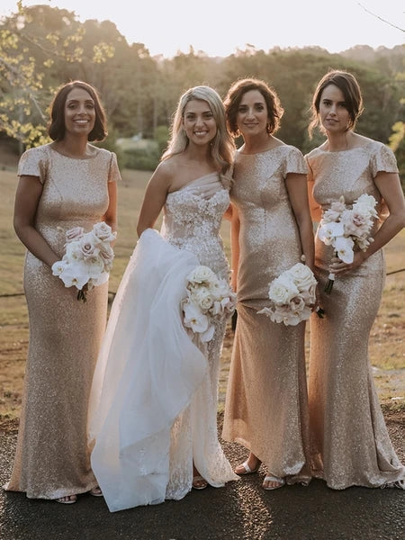Vestidos de dama de honor con lentejuelas y cuello redondo, sencillos y sexys, para fiesta.