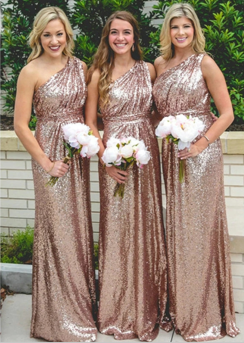 Vestido de dama de honor largo con lentejuelas y un hombro brillante, vestido de invitada de boda en oro rosa