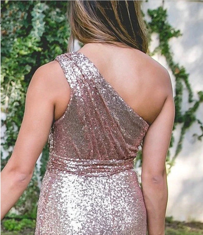 Vestido de dama de honor largo con lentejuelas y un hombro brillante, vestido de invitada de boda en oro rosa