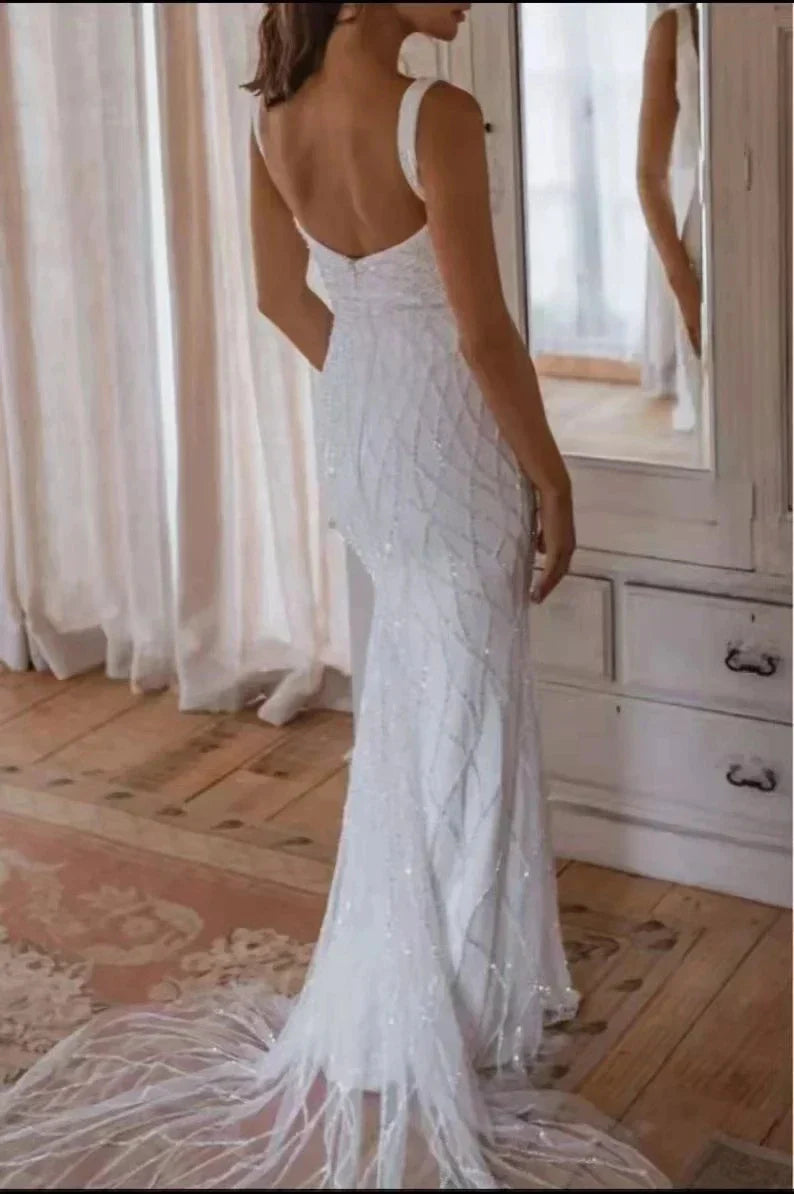 Robes de mariée sirène à sequins 2023 pour femmes, robes de mariée modernes sans manches à col carré en satin et tulle, robes de mariée