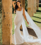 Robes de mariée sirène à sequins 2023 pour femmes, robes de mariée modernes sans manches à col carré en satin et tulle, robes de mariée