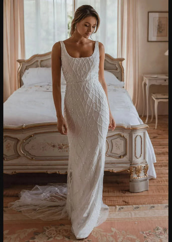 Vestidos de novia de sirena con lentejuelas 2023 Vestidos de novia modernos sin mangas con cuello cuadrado para mujer, vestidos de novia de satén y tul Vesidos De Novia Robe De