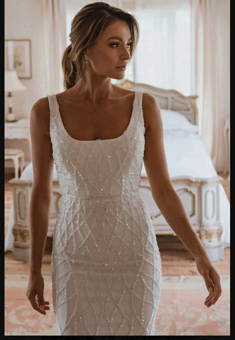 Vestidos de novia de sirena con lentejuelas 2023 Vestidos de novia modernos sin mangas con cuello cuadrado para mujer, vestidos de novia de satén y tul Vesidos De Novia Robe De