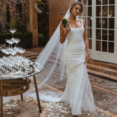 Vestidos de novia de sirena con lentejuelas 2023 Vestidos de novia modernos sin mangas con cuello cuadrado para mujer, vestidos de novia de satén y tul Vesidos De Novia Robe De