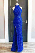 Robe de soirée longue bleu roi à sequins, col montant et fente SYP91