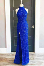 Robe de soirée longue bleu roi à sequins, col montant et fente SYP91