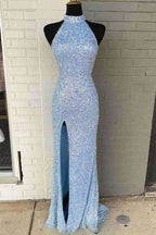Robe de soirée longue bleu roi à sequins, col montant et fente SYP91