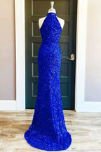 Robe de soirée longue bleu roi à sequins, col montant et fente SYP91