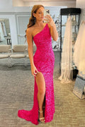 Vestidos de fiesta de sirena con lentejuelas, un solo hombro y espalda descubierta, estilo vestido de noche