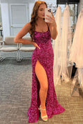 Vestido largo de fiesta con lentejuelas, escote sirena y abertura lateral, vestido formal