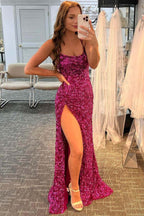 Vestido largo de fiesta con lentejuelas, escote sirena y abertura lateral, vestido formal