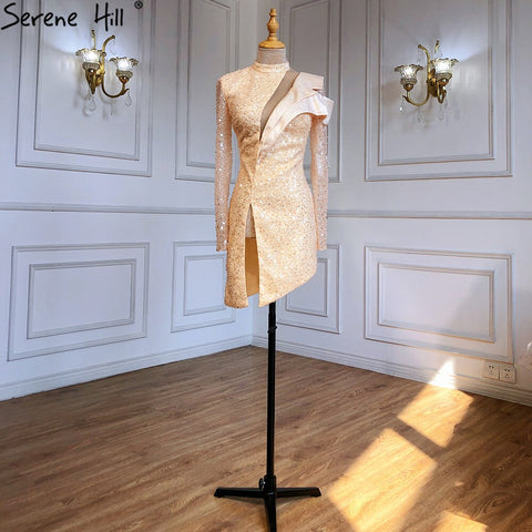 Gold Asymmetrical Cocktail Party Gowns 2025 Beaded Pearl Sexy Luxury For Women Party LA71399