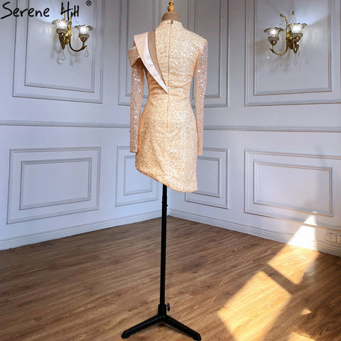 Gold Asymmetrical Cocktail Party Gowns 2025 Beaded Pearl Sexy Luxury For Women Party LA71399