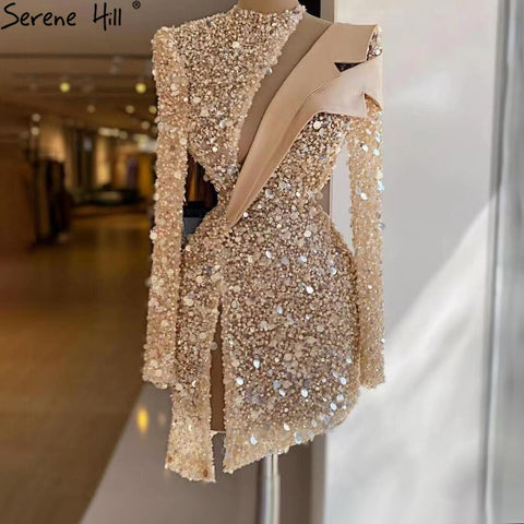 Gold Asymmetrical Cocktail Party Gowns 2025 Beaded Pearl Sexy Luxury For Women Party LA71399