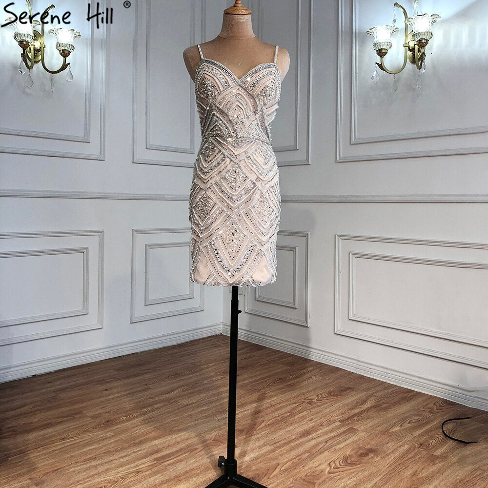 Nude Silver Short Dresses Cocktail Gowns 2025 Beading Diamond Sexy For Women Party LA70879